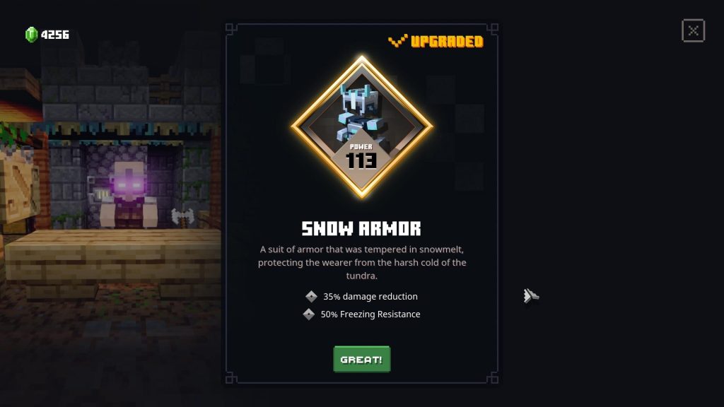 Snow Armor upgraded to level 113 in Minecraft Dungeons