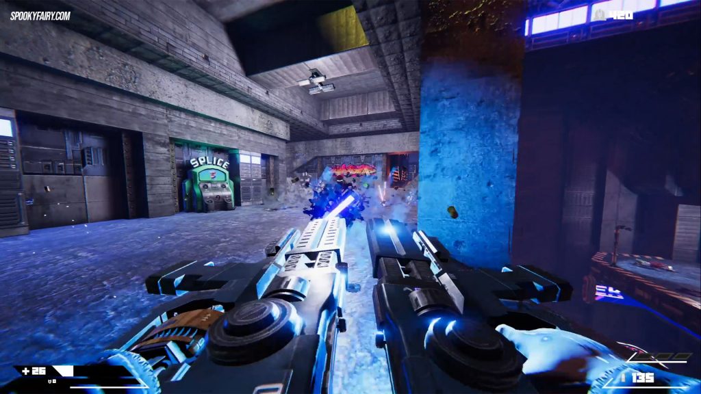 Turbo Overkill game screenshot, dual-wielding submachine guns